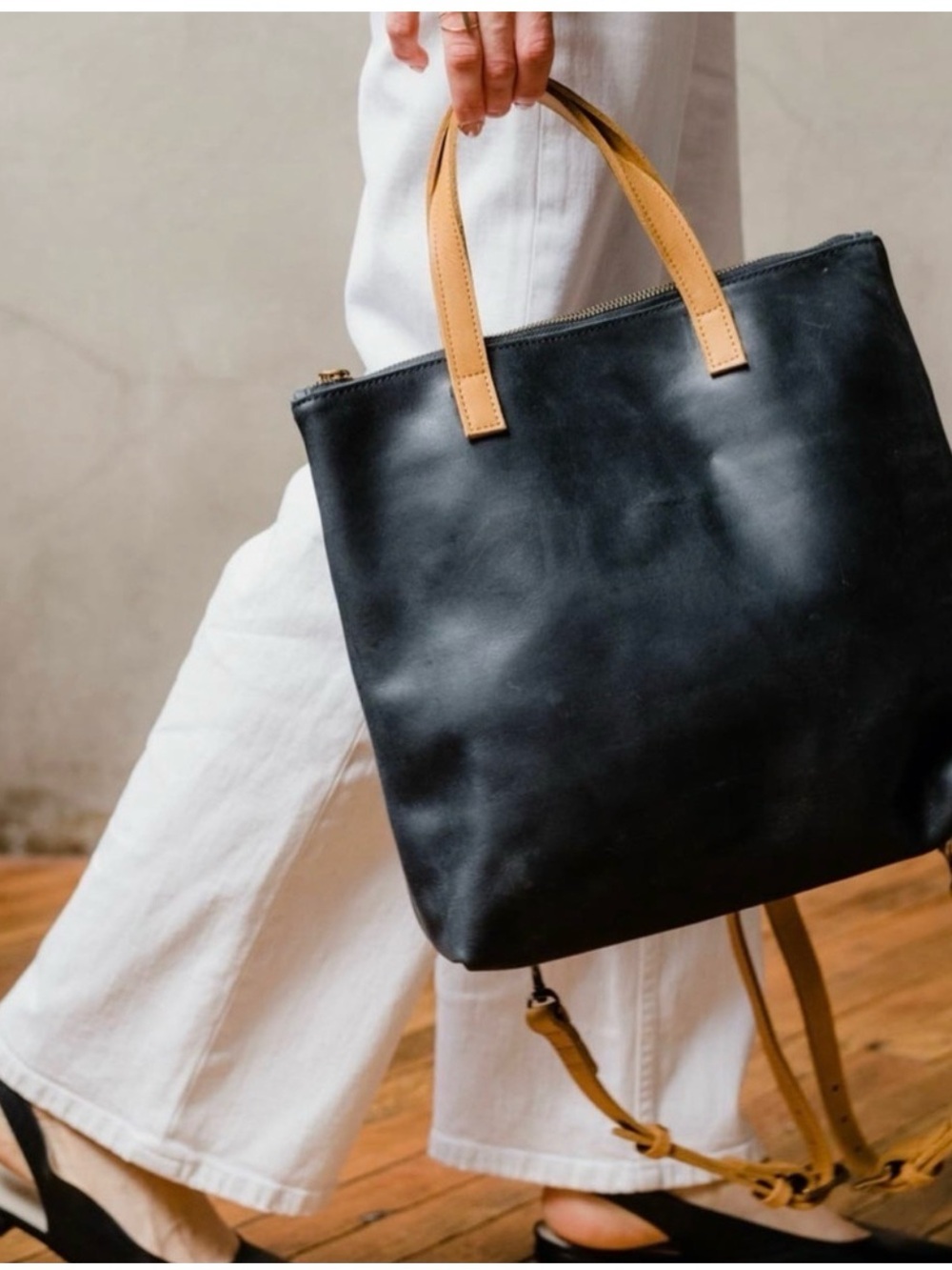 Able Black Leather Tote with Tan Handles